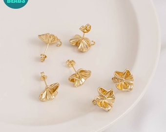 Perno de arete chapado en oro de 14 k, Perno de arete de hoja de loto, Pendientes minimalistas, Pendientes lindos, Perno de aretes de otoño con aguja de plata esterlina S925