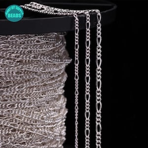 May include: A close-up of three silver chains of different widths and styles. The chains are wound around a spool and are ready to be used for jewellery making.
