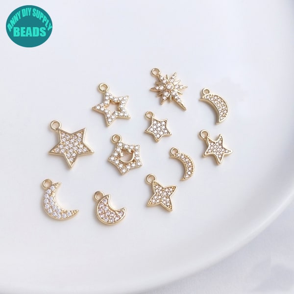 14K Real Gold Plated Star Charm,Moon Charm,CZ paved moon charm,North Star Charm,Paved charm,Gold Star Charm