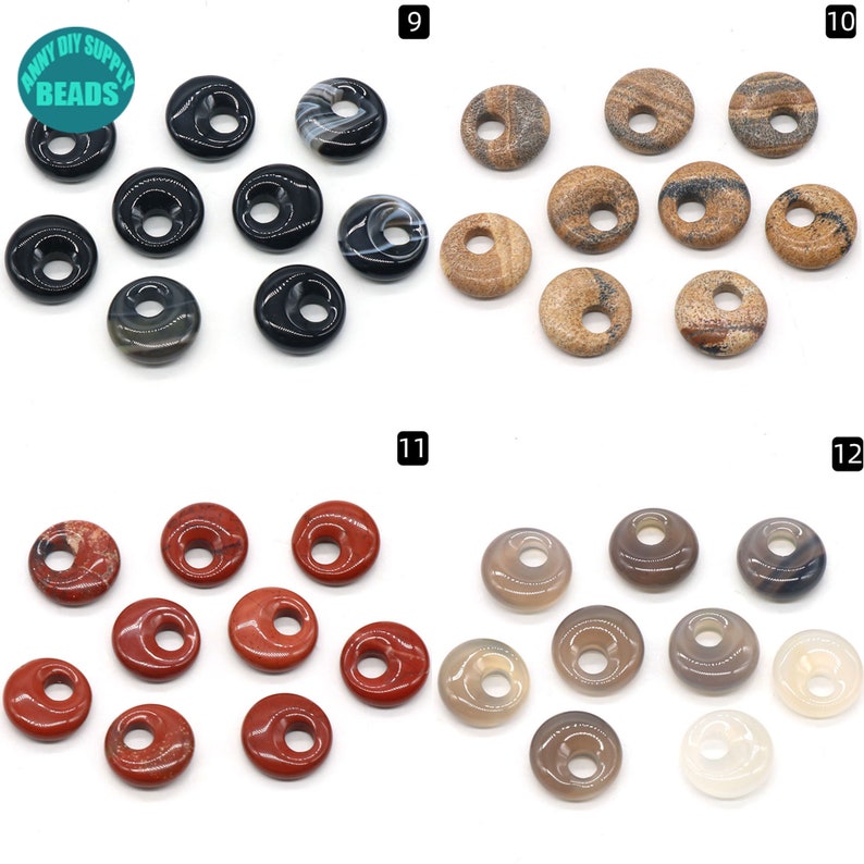 Puede incluir: Surtido de 10 cuentas de piedra de donut en varios colores y patrones. Las cuentas est&aacute;n hechas de &aacute;gata, jaspe y arenisca. Las cuentas tienen aproximadamente 2,5 cm de di&aacute;metro y tienen un agujero en el centro para enhebrar.