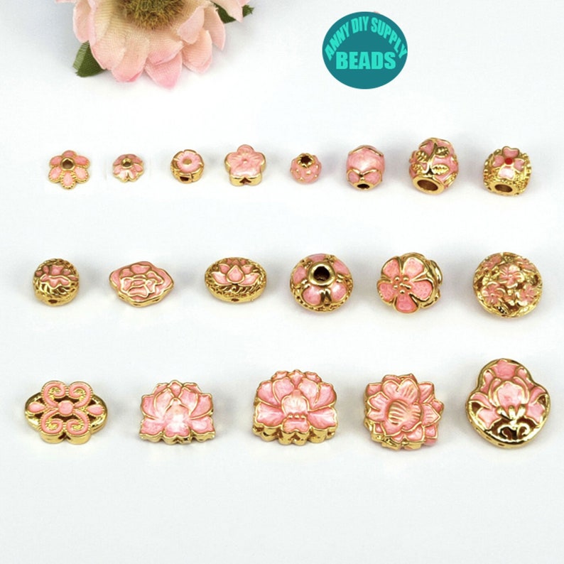 10 pcs 5mm 8mm 18K gold plated bead caps&spacer Beads,Pink Cloisonne Bead caps,Jewelry Making Supply,Spacer Beads image 1