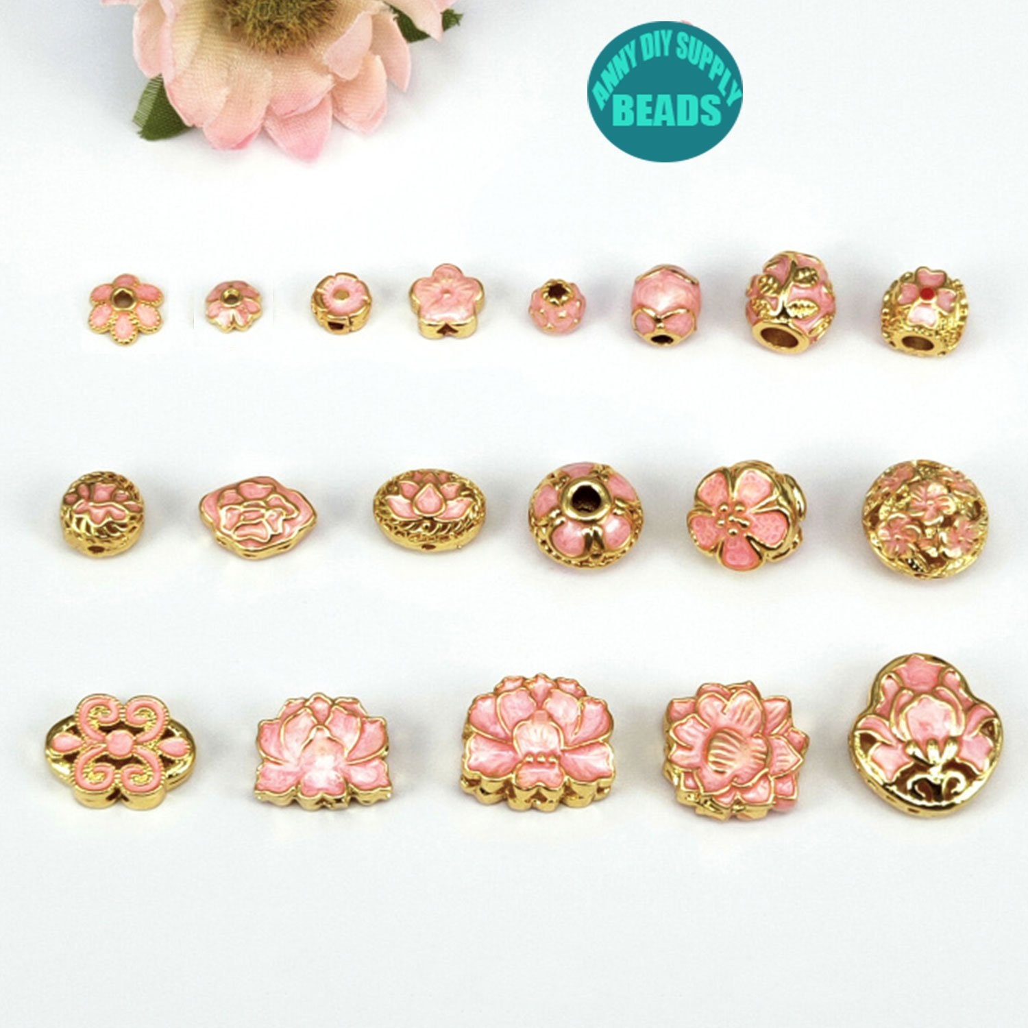 10 pcs 5mm 8mm 18K gold plated bead caps & spacer Beads,Pink Cloisonne…