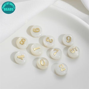 Cuentas de números MOP de 8 mm, cuentas de letras de concha blanca, cuentas de pastel de números árabes, cuentas de números redondos planos