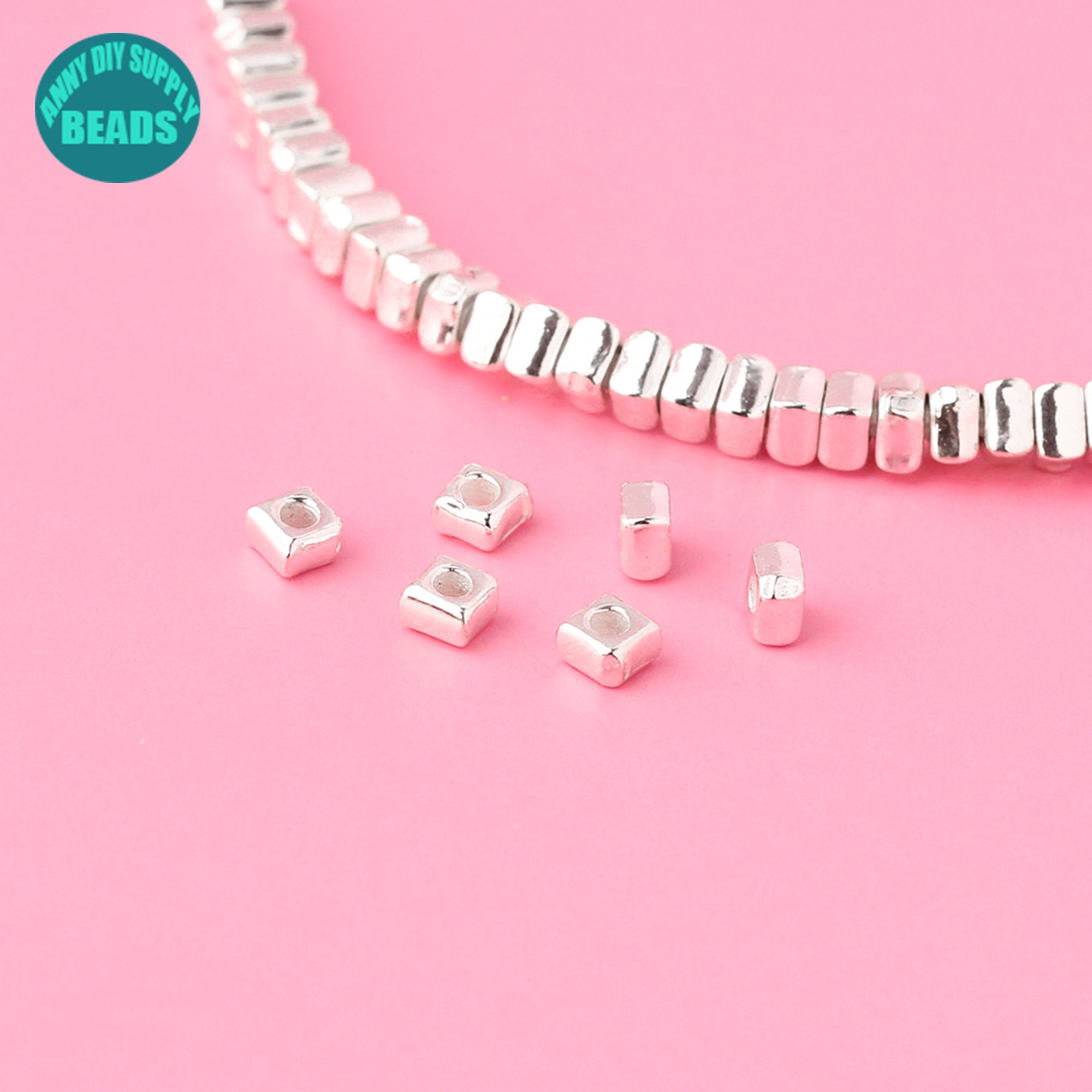 2.4mm S925 Sterling Silver Square Beads,Silver Tiny Square Beads,Tiny Spacer Beads,Tiny Beads,Silver Bead Bracelet Making