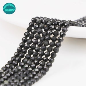 Facetterade runda svarta obsidianpärlor: 2-4 mm ädelsten, 15'' sträng
