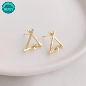 14k Real Gold Plated Brass Earring Stud,Triangle Earring Stud,Earring Stud With Bail,Geometry Earring Stud,Can Attached Beads