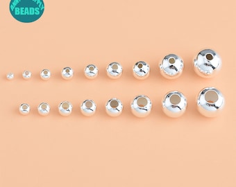 Cuentas redondas lisas de plata de ley S925, cuentas espaciadoras de pulsera, cuentas de agujero grande de plata de ley S925, cuentas de plata pequeñas, cuentas de plata