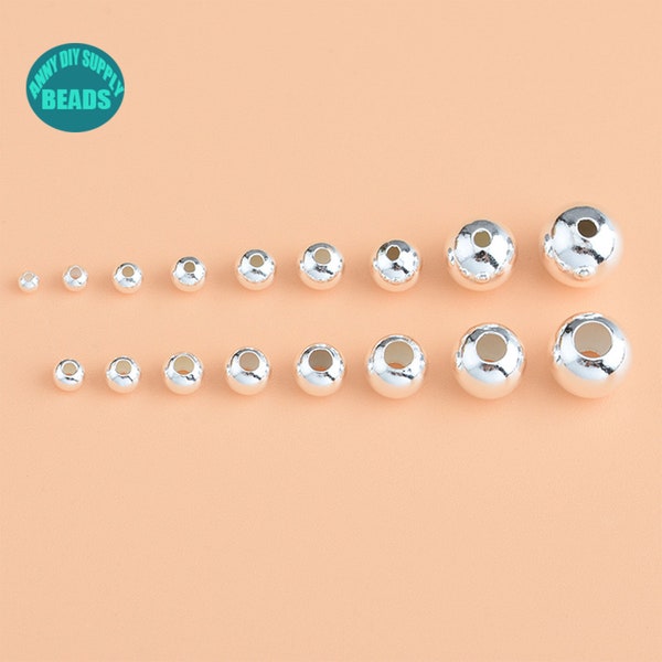 Perles rondes lisses en argent sterling S925, perles d'espacement pour bracelet, perles à grand trou en argent sterling S925, petites perles d'argent, perles d'argent