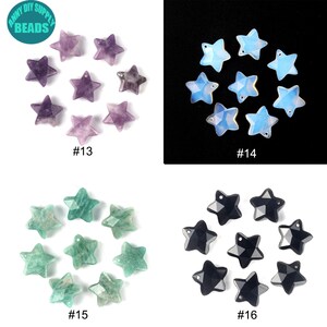 May include: Assortment of 10 star-shaped gemstone pendants in four colours: amethyst, opal, green aventurine, and black obsidian. The pendants are arranged in four groups of two or three, labelled #13, #14, #15, and #16.