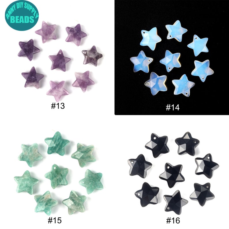 May include: Assortment of 10 star-shaped gemstone pendants in four colours: amethyst, opal, green aventurine, and black obsidian. The pendants are arranged in four groups of two or three, labelled #13, #14, #15, and #16.