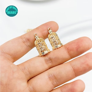 1/2/10/20pcs 14K Gold Plated Bird Cage,With CZ inside,necklace Pendant,Bird Cage Charm image 3