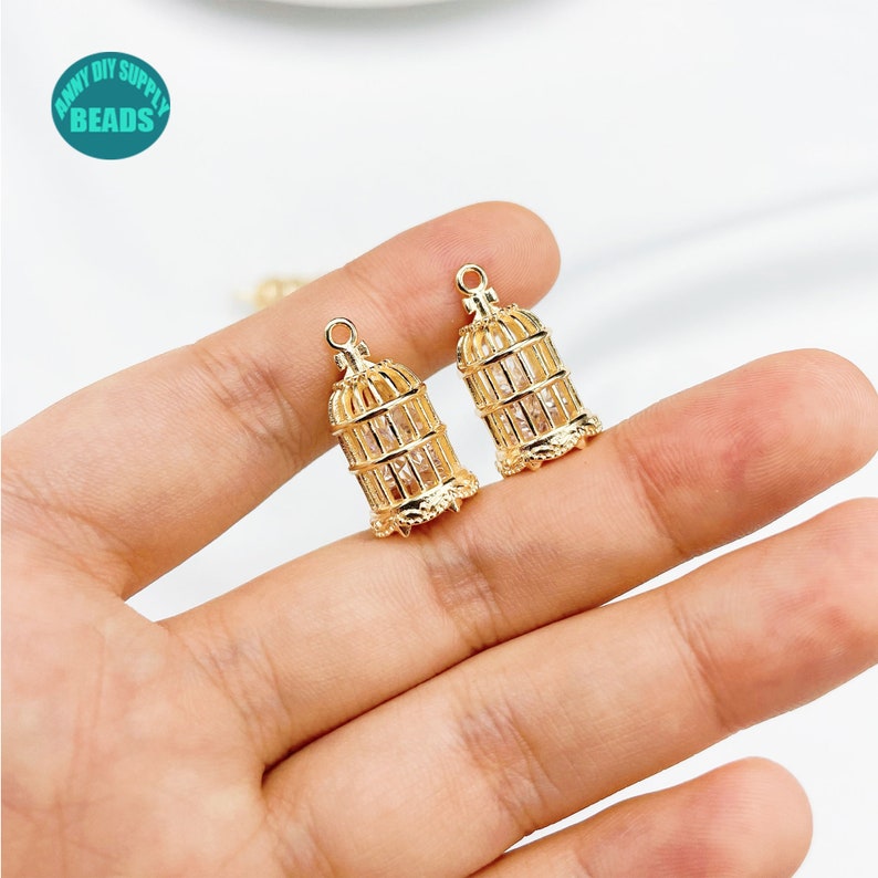 1/2/10/20pcs 14K Gold Plated Bird Cage,With CZ inside,necklace Pendant,Bird Cage Charm image 3