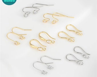 14K Gold Plated Brass Earring Hooks,Gold Plated Ear Hook,French Hooks,Ear wire hooks with CZ,CZ Earring Hook