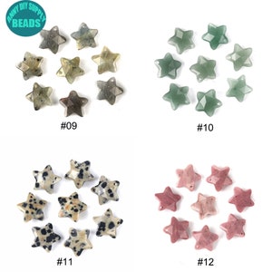 May include: Assortment of 10 star-shaped gemstone beads in various colours and patterns, including green, brown, and pink. The beads are arranged in four groups, labelled #09, #10, #11, and #12.