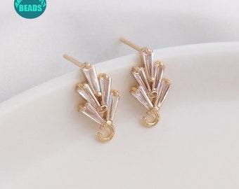 14K Real Gold Plated Brass Earring Stud,CZ Paved Earring Stud,Leaf Earring Stud With S925 Sterling Silver Needle