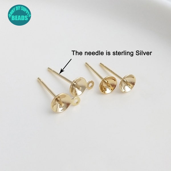 5/20 Pairs 14K Light Gold Plated Brass Earring Posts,Earring post with Cups,Pearl Cup and Peg Ear Post