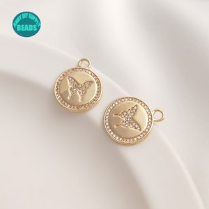 1/2/4/10pcs 14K gold plated Butterfly Charm,Gold Plated Coin Charm,CZ Charm,15mm