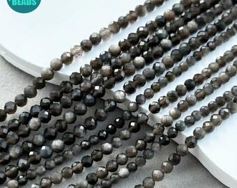 2/3/4mm Silver Obsidian Stone Beads,Faceted round gemstone beads,tiny Faceted Round beads,Obsidian Beads,Full Strand