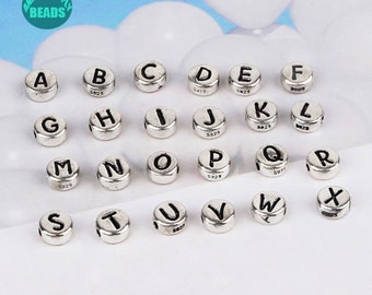 7mm S925 Sterling Silver 26 Perles de lettres de l’alphabet, perles de lettres de l’alphabet, perles de gâteau en argent sterling, perle initiale