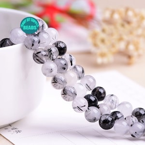AAA Genuine Natural Black Quartz RUTILATED ,Quartz beads supply,Energy Stone Beads,Healing Crystal,15inch Full Strand
