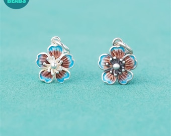 S999 Fine Silver Charms,Cloisonne Charm,Tiny Flower Pendant,peach blossom Charm,Cute Flower Charm,Silver Charm,Necklace Charm,Bracelet Charm