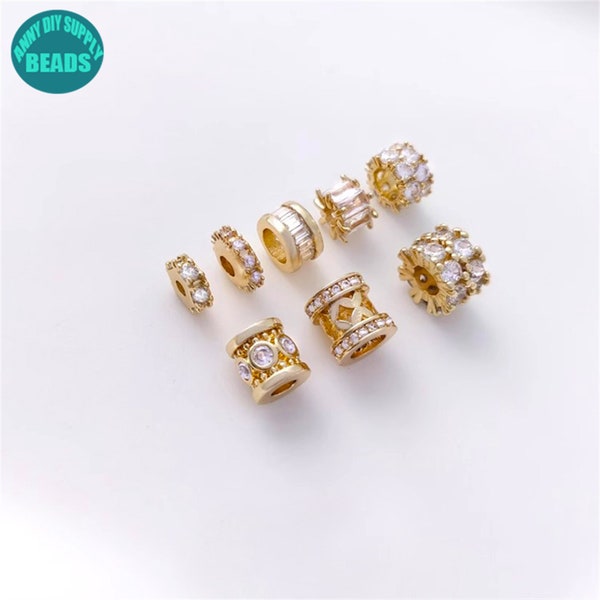 14k Gold Plated Tube Beads,Cz Paved Rondelle Beads,Spacer Beads,Pave Beads,Brass Beads,Beads For Bracelet,Beads For Jewelry,Focal Beads