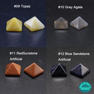May include: Four pyramid-shaped gemstone beads in various colours, including topaz, grey agate, red sunstone, and blue sandstone. The beads are arranged in two rows of two, with the text "#09 Topaz", "#10 Grey Agate", "#11 RedSunstone", "#12 Blue Sandstone", "Artificial", and "Artificial" printed below each bead.