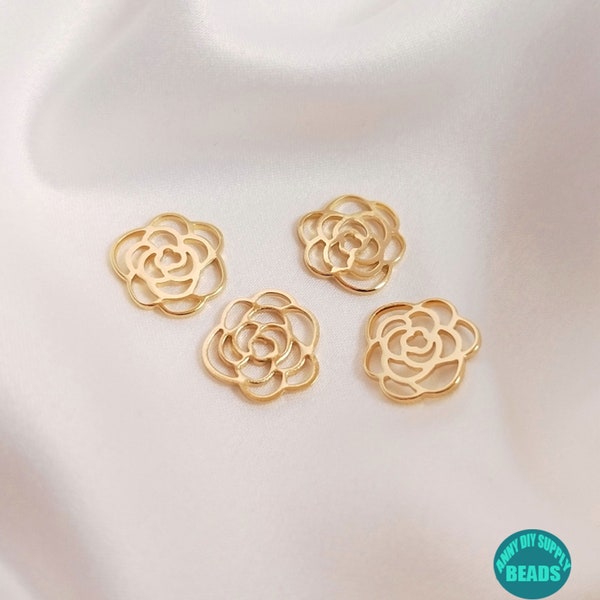 10/20/50/100pcs 14K Gold Plated Hollow Rose Flower Connector,Earring Charm,Bracelet Charm