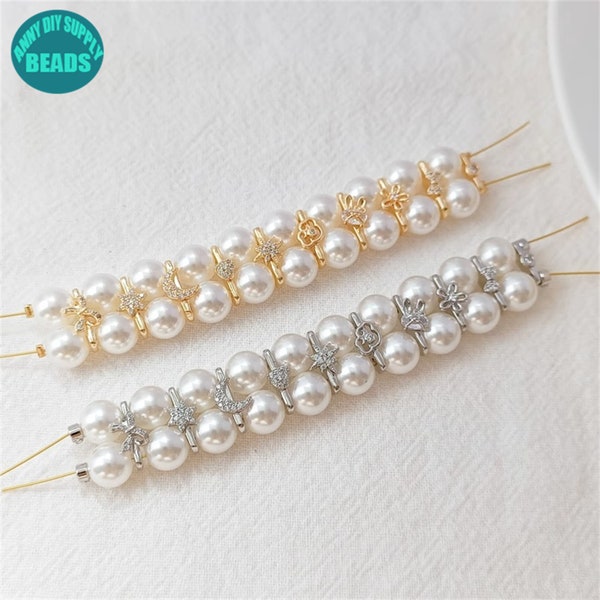 14K Gold Plated Pearl Spacer Bar Beads,Zircon Paved Two Hole Spacer Beads,Cute 2 Hole Spacer Beads