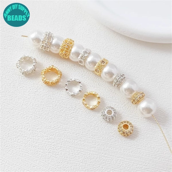 14k Gold Plated Rondelle Beads,CZ Paved Rondelle Beads,Wheel Beads,Silver Plated Donut Beads,Circle Beads,Necklace Pendant Beads