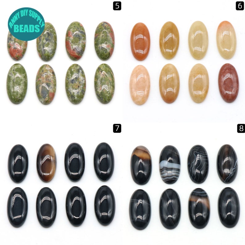 Pu&ograve; includere: Assortimento di 12 cabochon ovali, con vari motivi di pietra naturale. Le pietre sono disposte in quattro file di tre, con ogni fila che mostra un tipo diverso di pietra. Le pietre misurano circa 2,5 cm di lunghezza.
