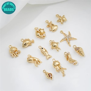 14k Gold Plated Ocean Charm Set,ocean charms,jewelry charms,sea charms,Animal Charm,bracelet charm,conch Charm,Starfish Charm,CZ Charm