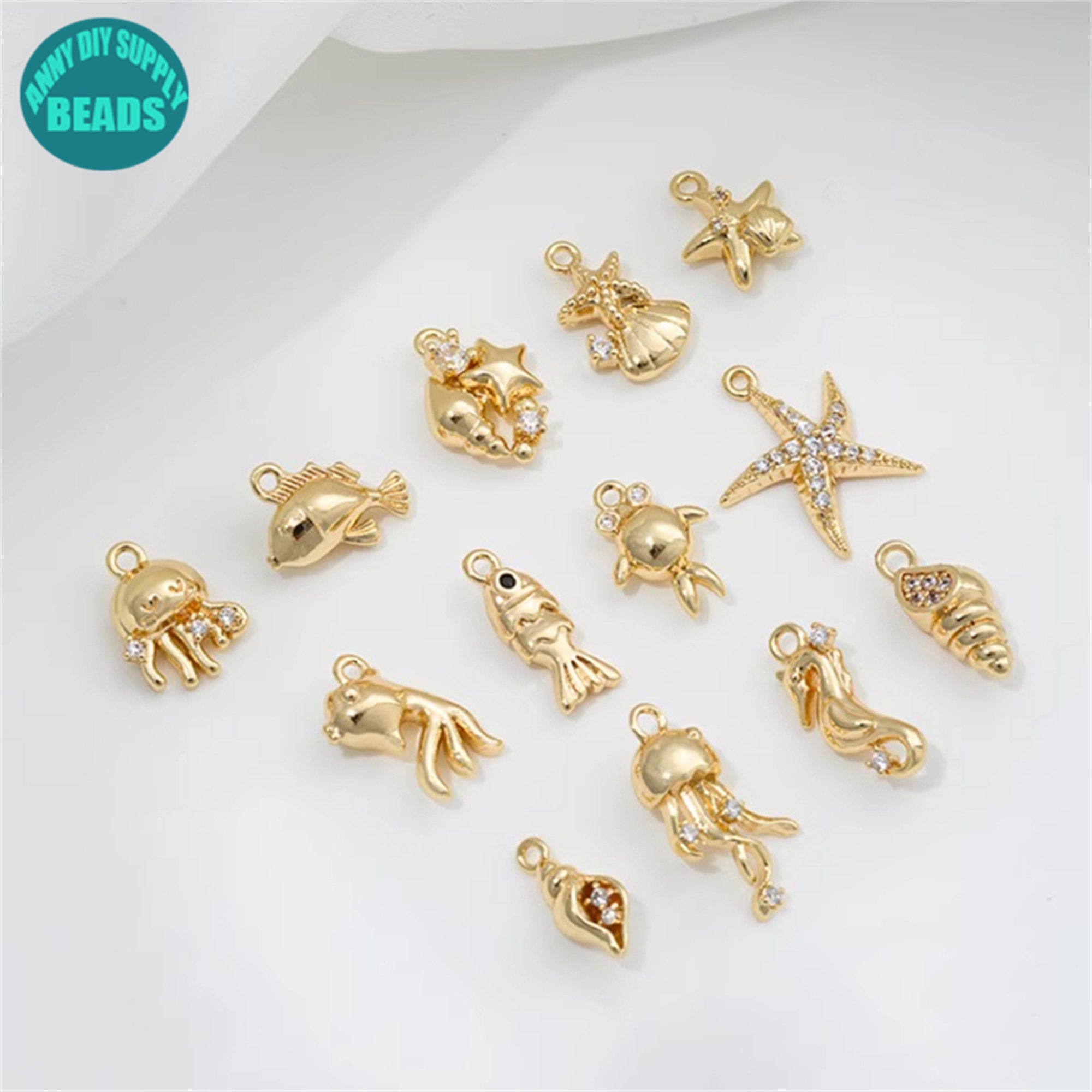14k Gold Plated Ocean Charm Set,ocean charms,jewelry charms,sea charms,Animal Charm,bracelet charm,conch Charm,Starfish Charm,CZ Charm