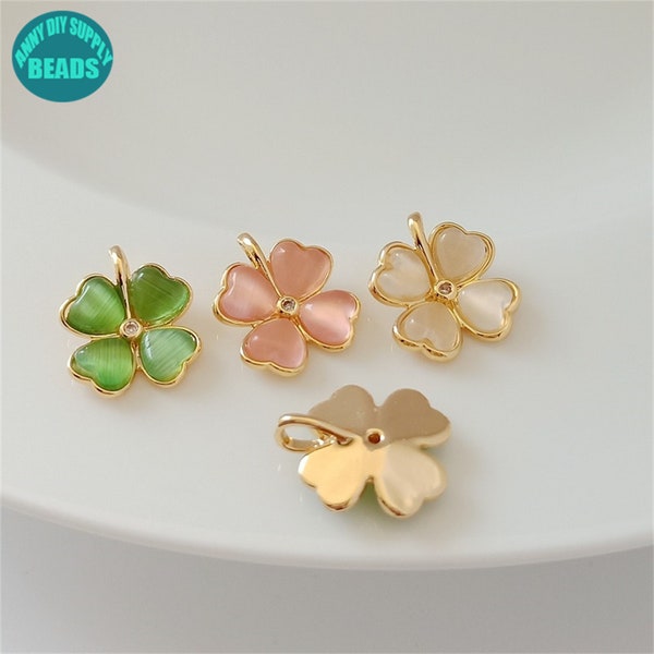 13mm 14k Real Gold Plated Brass Clover Charm,Good Luck Charms,Necklace Pendant,Inlaid With Cat Eye Stone Charm