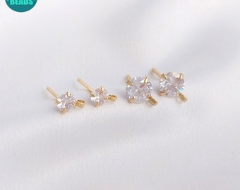 14K Real Gold Plated Brass Earring Stud With S925 Sterling Silver Needle,CZ Earring stud with Loop