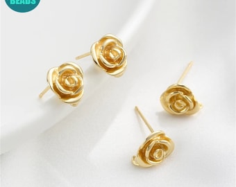 9mm 14k Gold Plated Brass Rose Flower Earring Stud,Cute Earring Stud With S925 Sterling Silver Needle,Flower Earring Stud With Loop