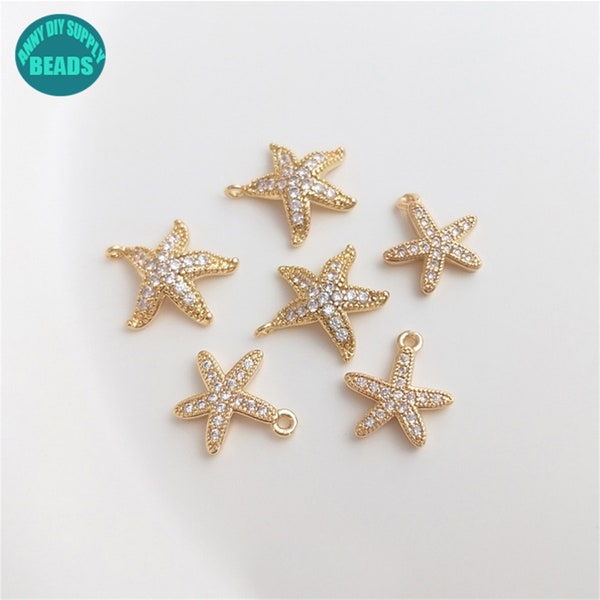 14k Real Gold Plated CZ Paved Starfish Charm,Kawaii Charms,Friendship Bracelet Charm,Necklace Pendant