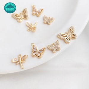 14K Real Gold plated Butterfly Charm,Gold Plated Charm,CZ Charm,Tiny Butterfly Charm,Tiny Dragonfly Charm