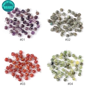 May include: Four groups of faceted gemstone beads with silver jump rings. The beads are amethyst, labradorite, carnelian, and green aventurine. Each group is labeled with a number from 01 to 04.
