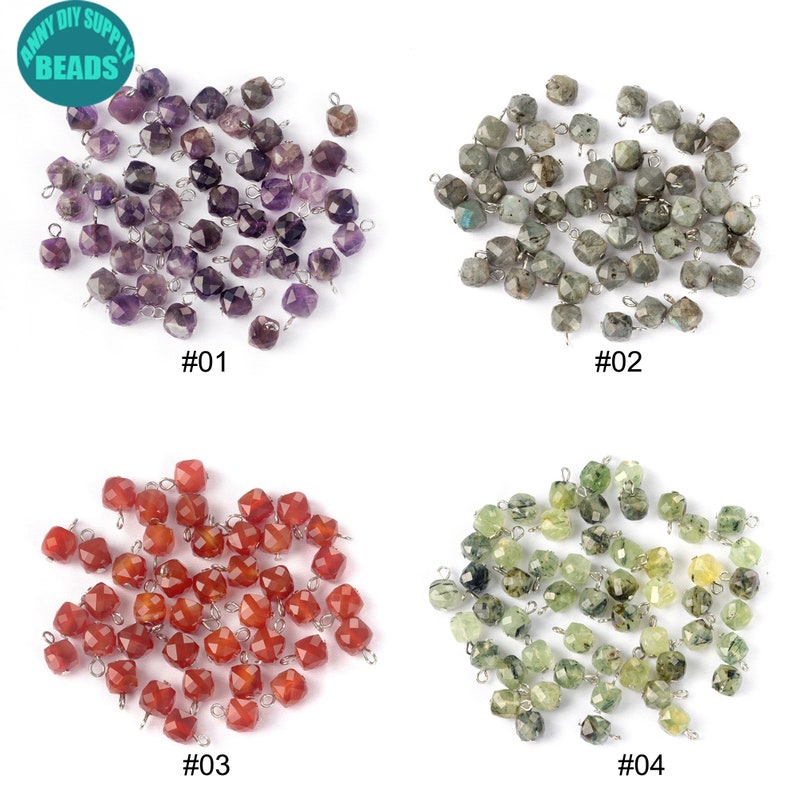 May include: Four groups of faceted gemstone beads with silver jump rings. The beads are amethyst, labradorite, carnelian, and green aventurine. Each group is labeled with a number from 01 to 04.