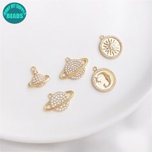 14K Real Gold Plated celestial Charm,CZ planet Charm,planet charm pendant,Moon charm,Necklace pendant,Sun Charm