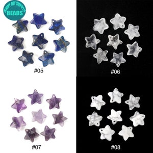 May include: Ten star-shaped gemstone pendants in various colours, including blue, white, and purple. The pendants are arranged in a circle on a white background. #05, #06, #07, and #08 are labelled below each group of pendants.