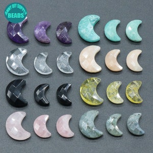 Pode incluir: Conjunto de 18 contas de pedra preciosa em forma de lua crescente facetadas em várias cores, incluindo ametista, quartzo transparente, quartzo rosa, ônix preto, etc.