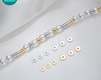 Perline distanziatrici piatte e rotonde in ottone placcato oro 14 carati: spessore 3/4 mm, ideali per la creazione di gioielli.