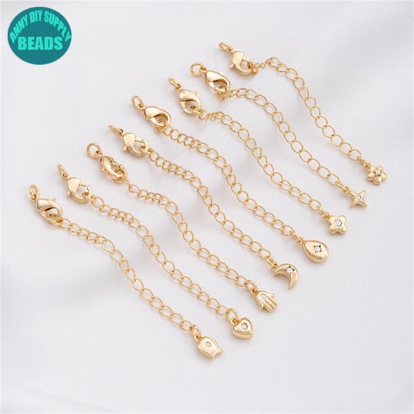 14K Gold Plated Brass Extension Chain,Lobster Clasps with Extender Chain 65mm,Moon/Heart/Flower Pendant Bracelet Extensions