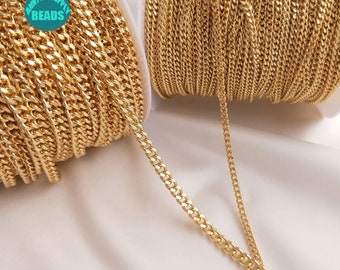 2.5/3/5/6mm 14K Real Gold Plating Brass Flat Curb Cuban Chain,Wide 14K gold Chain