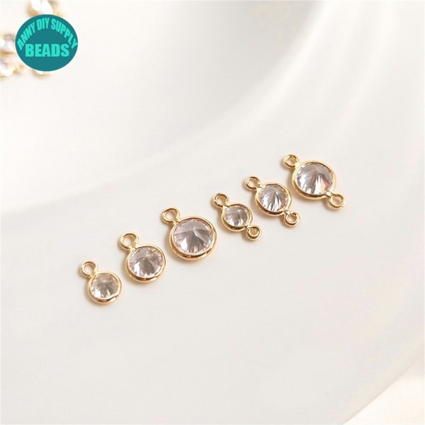 Tiny 14k Gold Plated Brass Round Zircon Connector Charm,Tiny Round CZ Charm,4.5mm 5.5mm 6.8mm
