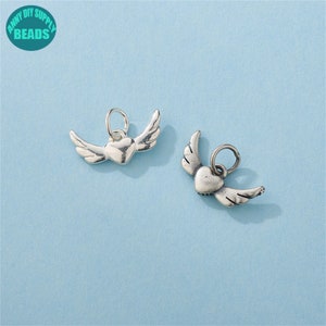 S925 Sterling Silver Tiny Heart With Wing Charm,Tiny Silver Charms,Cute angel Wing Charm,Bracelet Charm,DIY Jewelry Making Charm
