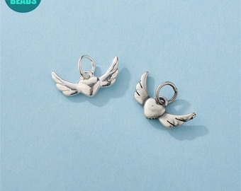 Pingente de Prata de Lei S925 em Formato de Coração com Asa, Pequenos Pingentes de Prata, Lindo Pingente de Asa de Anjo, Pingente para Pulseira, Pingente para Fazer Bijuterias DIY