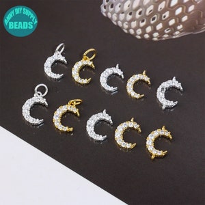 S925 Sterling Silver Moon Pendant,CZ paved Moon Charm,Silver Moon Connector,Silver Charm,Gold Moon Necklace Pendant